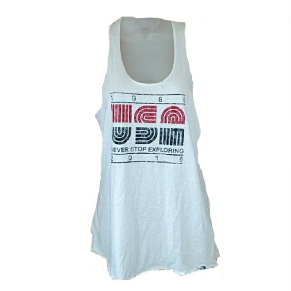 North Face White “Never Stop Exploring” Racerback Tank Top Large USA